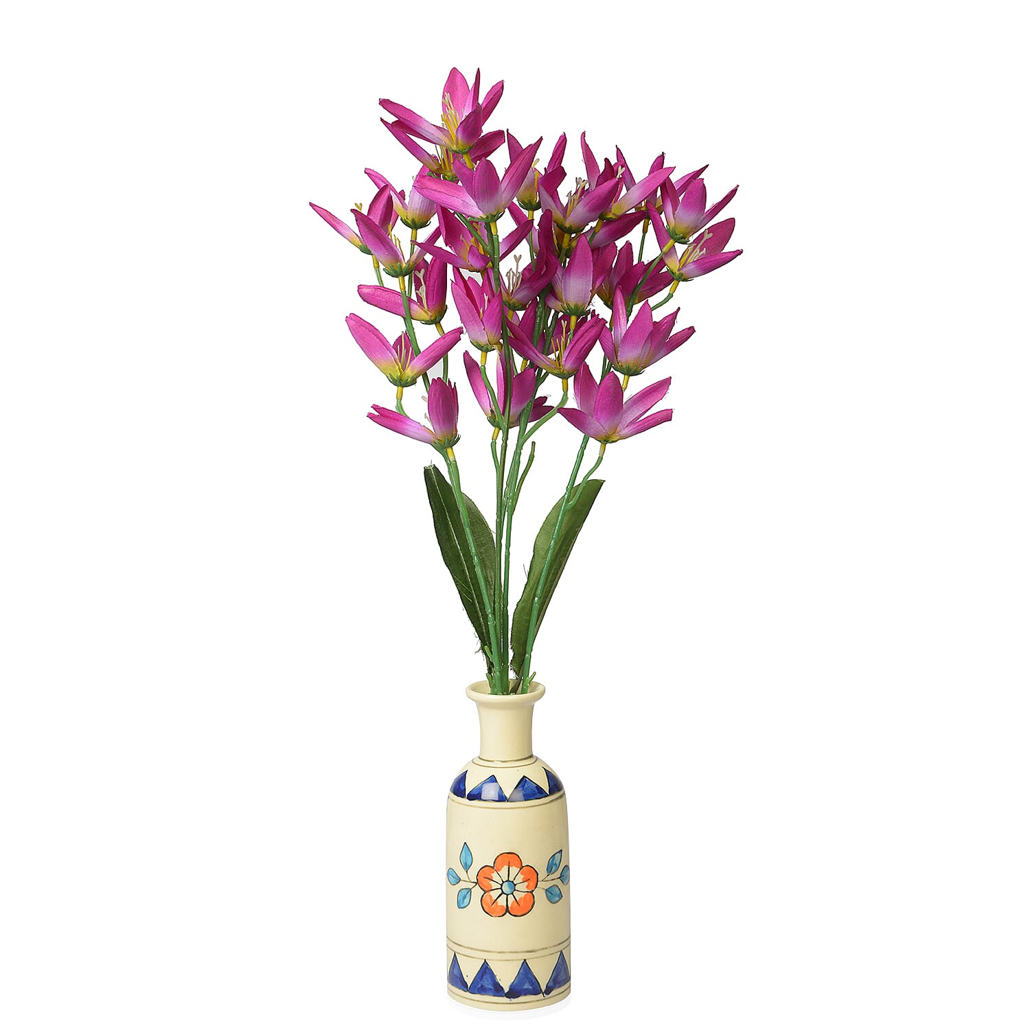 Set of 2 - Traditional Floral Printed Ceramic Vase - Cream, Blue & Multi