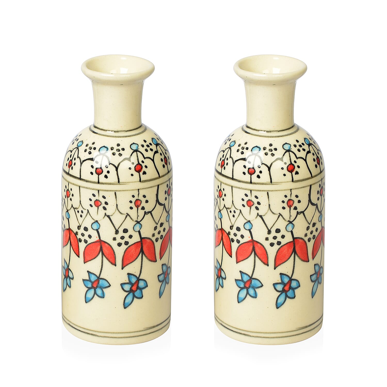 Set of 2 - Traditional Floral Printed Ceramic Vase - Cream & Multi