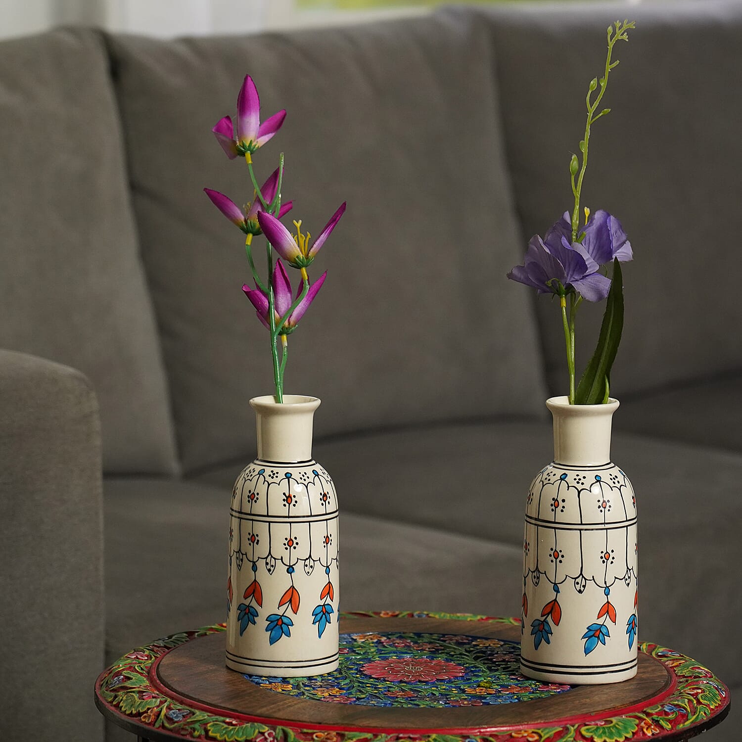 Set of 2 - Traditional Floral Printed Ceramic Vase - Cream & Multi