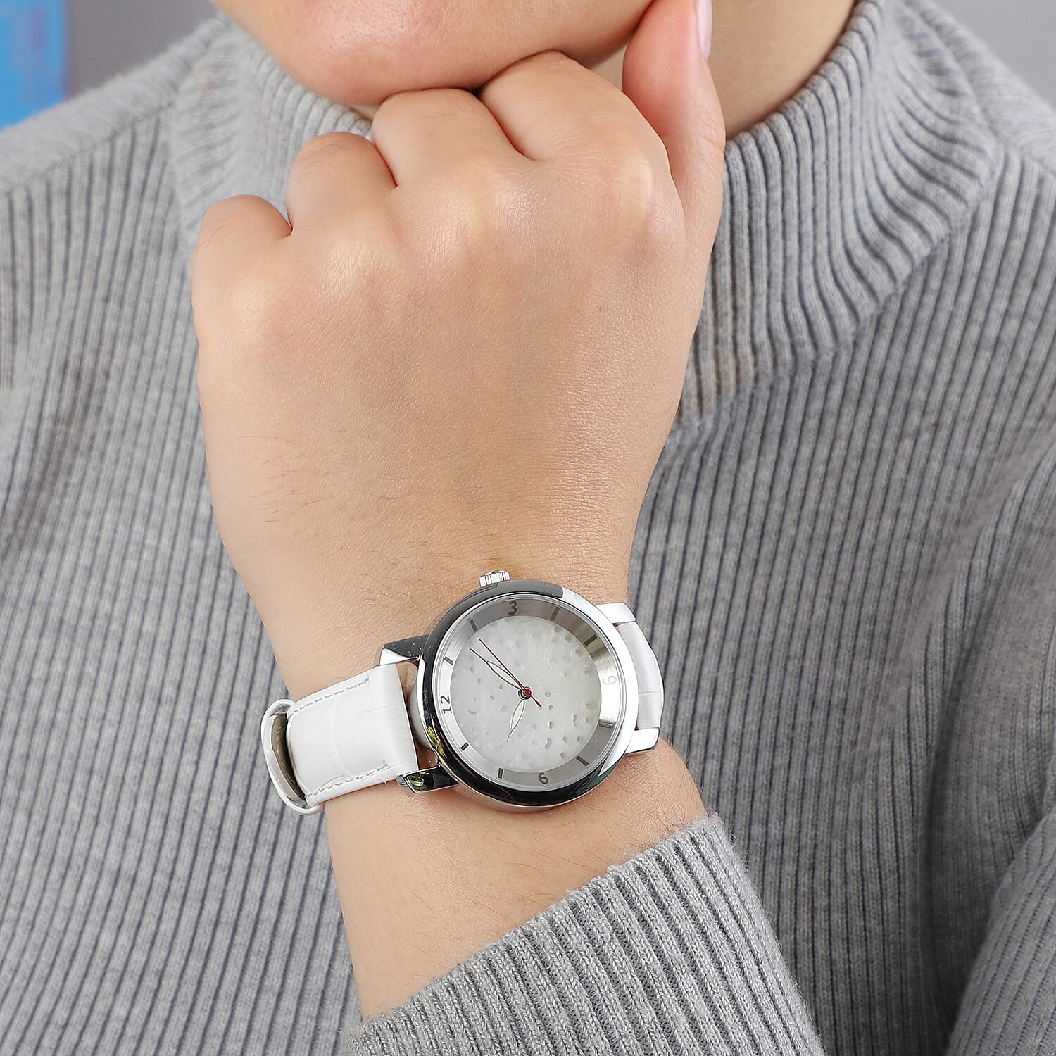 EON Swiss Movement 3 ATM Water Resistant Jade Dial Watch with White Leather Strap