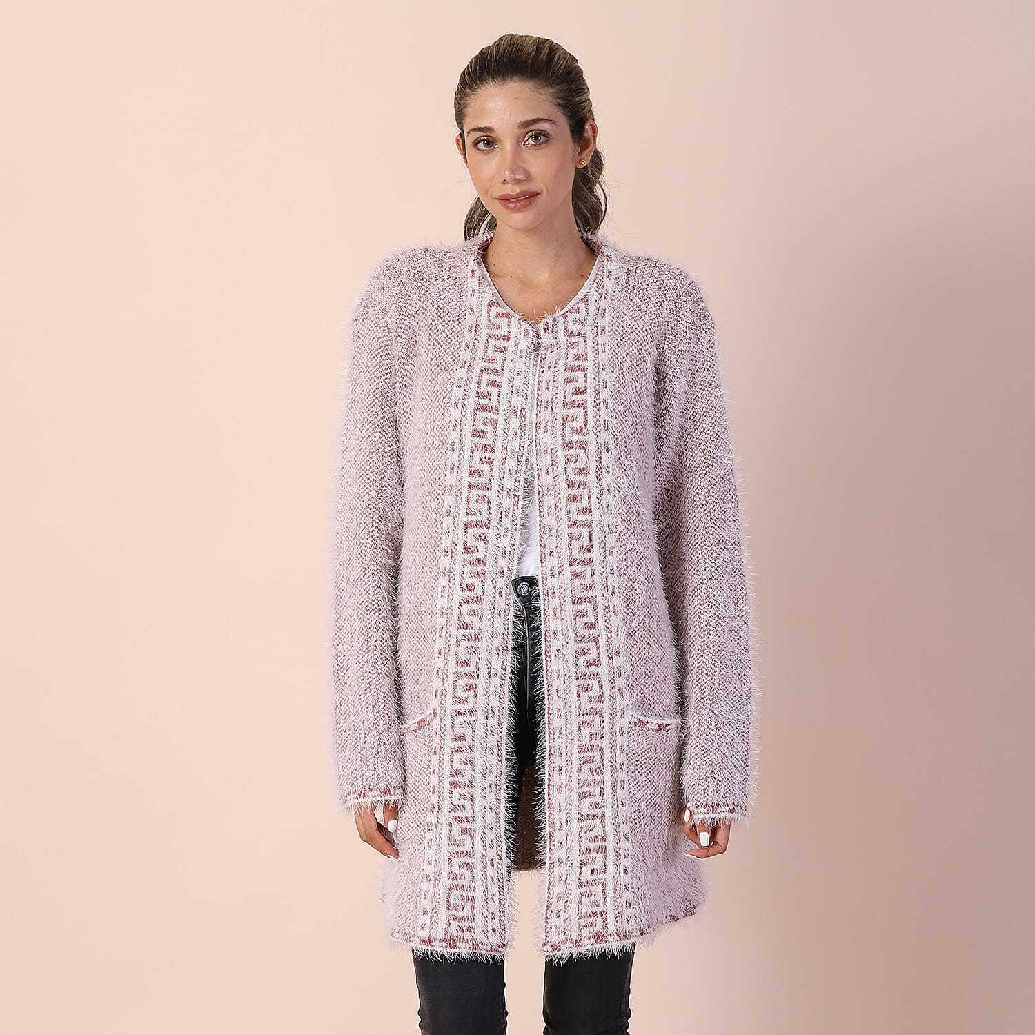 Geometric Pattern Winter Coatigan with Pockets (Size 48in CB 33in - Size 8-20) - Pink