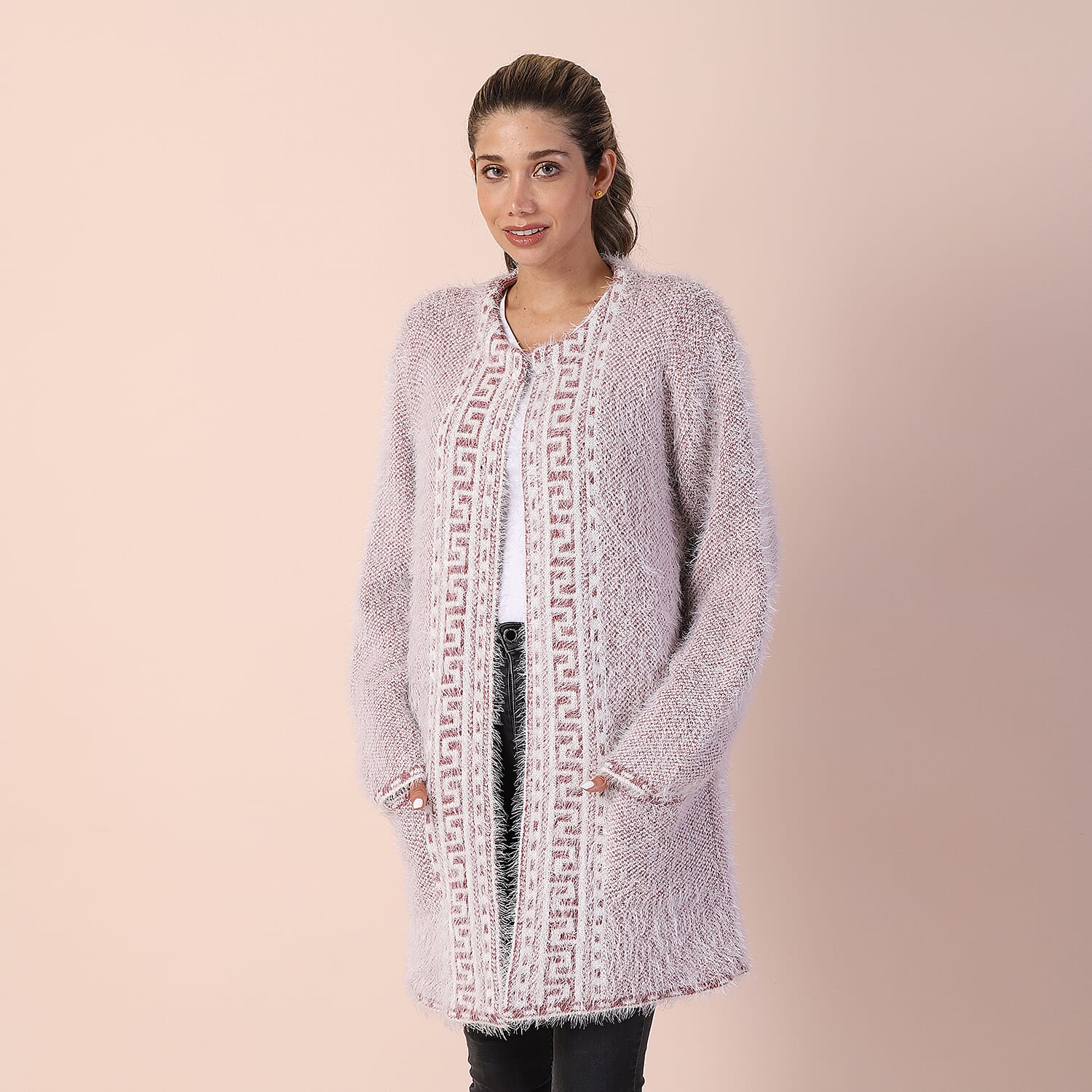 Geometric Pattern Winter Coatigan with Pockets (Size 48in CB 33in - Size 8-20) - Pink