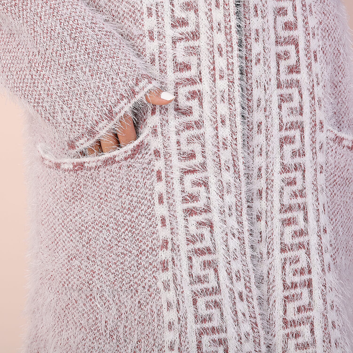Geometric Pattern Winter Coatigan with Pockets (Size 48in CB 33in - Size 8-20) - Pink