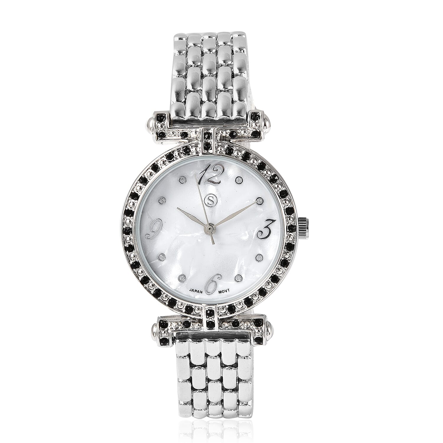 STRADA Japanese Movement Black Austrian Crystal Studded White Dial Water Resistant Watch with Chain Strap in Silver Tone
