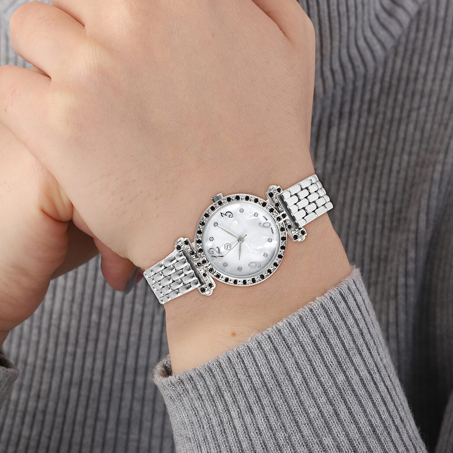 STRADA Japanese Movement Black Austrian Crystal Studded White Dial Water Resistant Watch with Chain Strap in Silver Tone