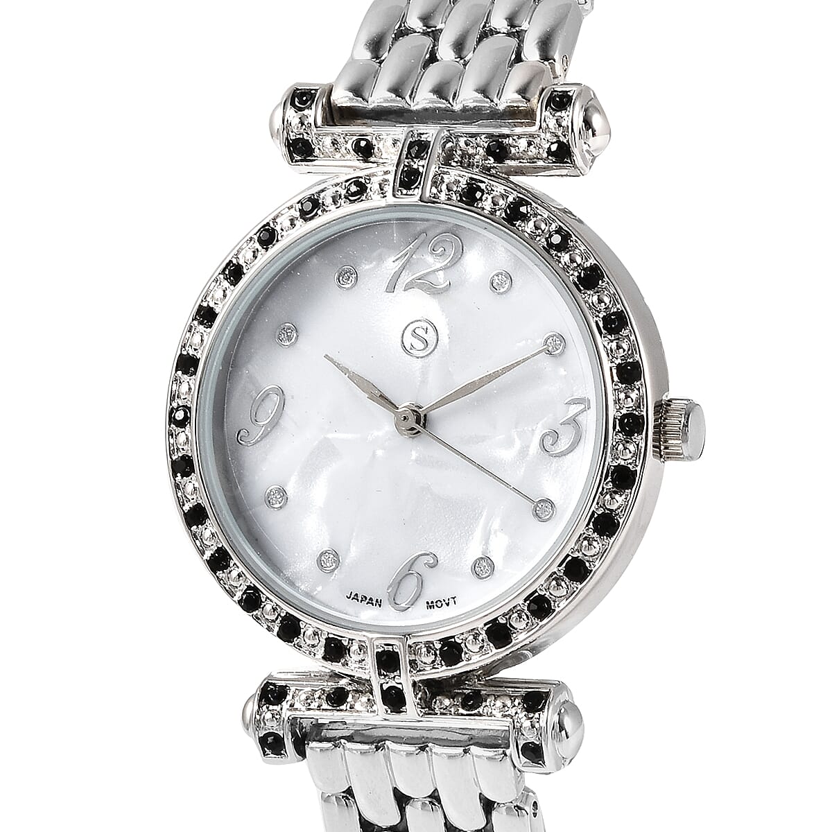 STRADA Japanese Movement Black Austrian Crystal Studded White Dial Water Resistant Watch with Chain Strap in Silver Tone
