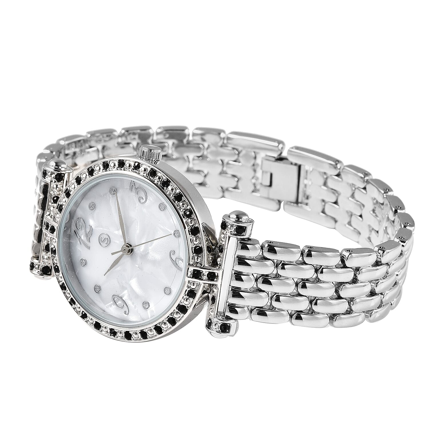 STRADA Japanese Movement Black Austrian Crystal Studded White Dial Water Resistant Watch with Chain Strap in Silver Tone