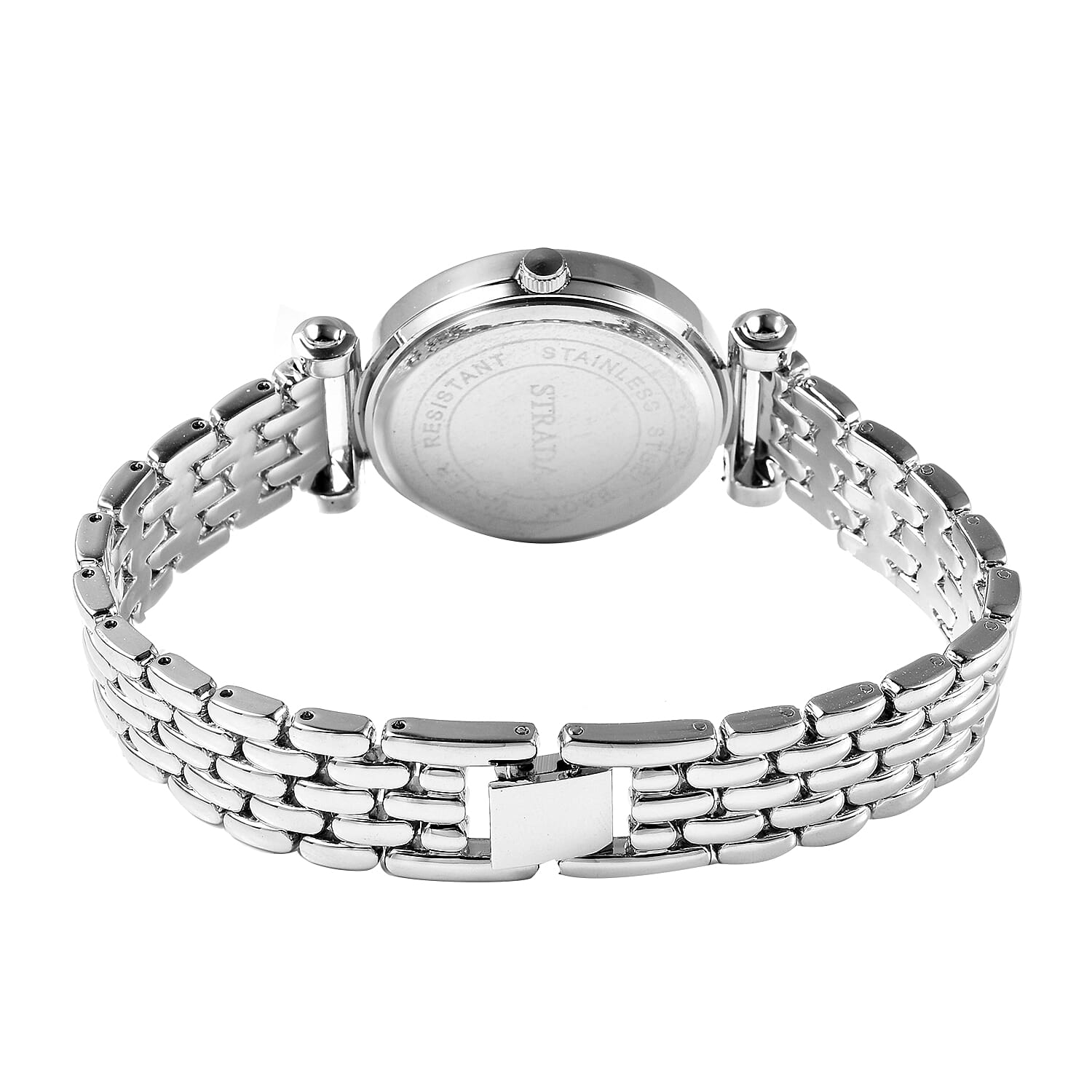 STRADA Japanese Movement Black Austrian Crystal Studded White Dial Water Resistant Watch with Chain Strap in Silver Tone