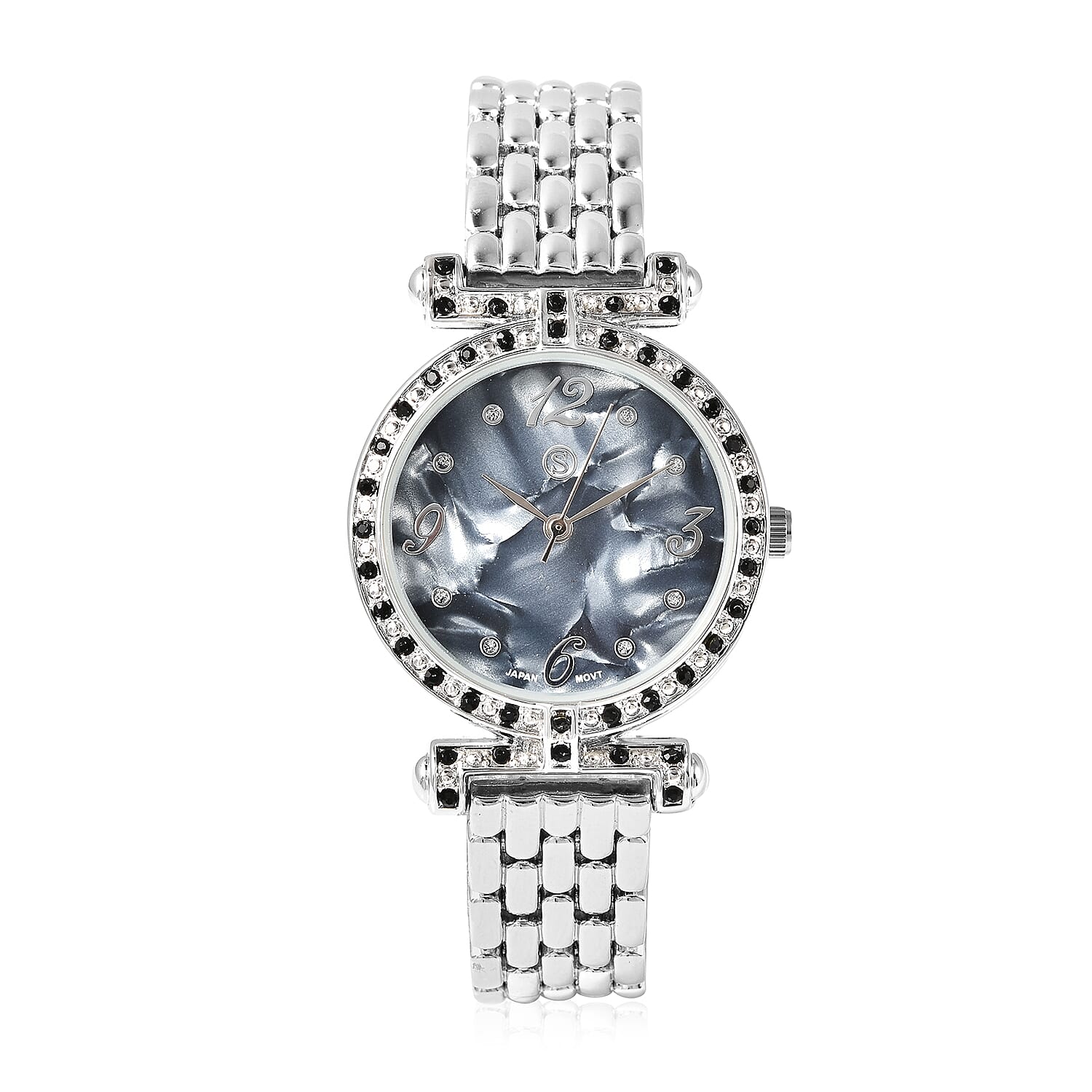 STRADA Japanese Movement Black Austrian Crystal Studded Black Dial Water Resistant Watch with Chain Strap in Silver Tone