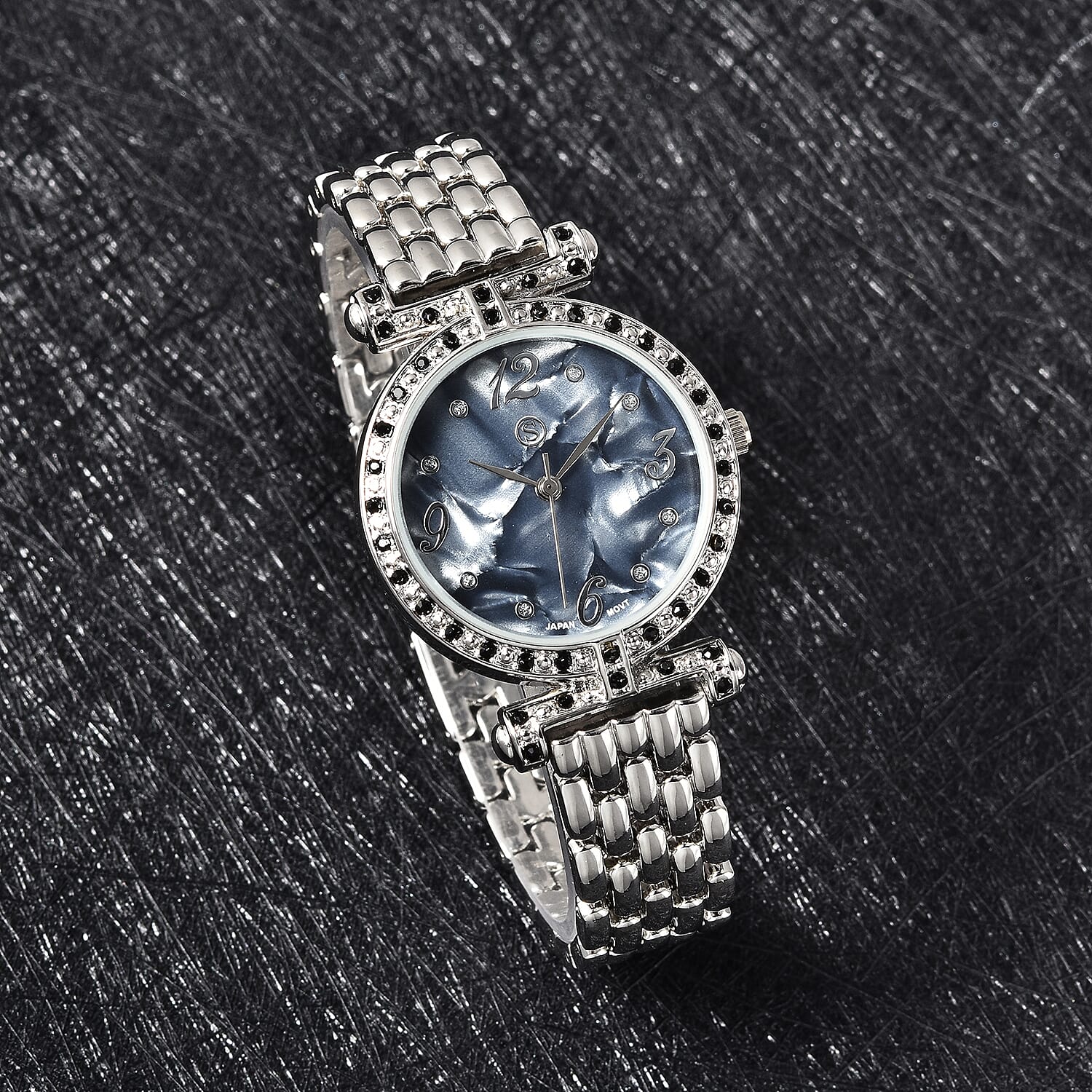 STRADA Japanese Movement Black Austrian Crystal Studded Black Dial Water Resistant Watch with Chain Strap in Silver Tone