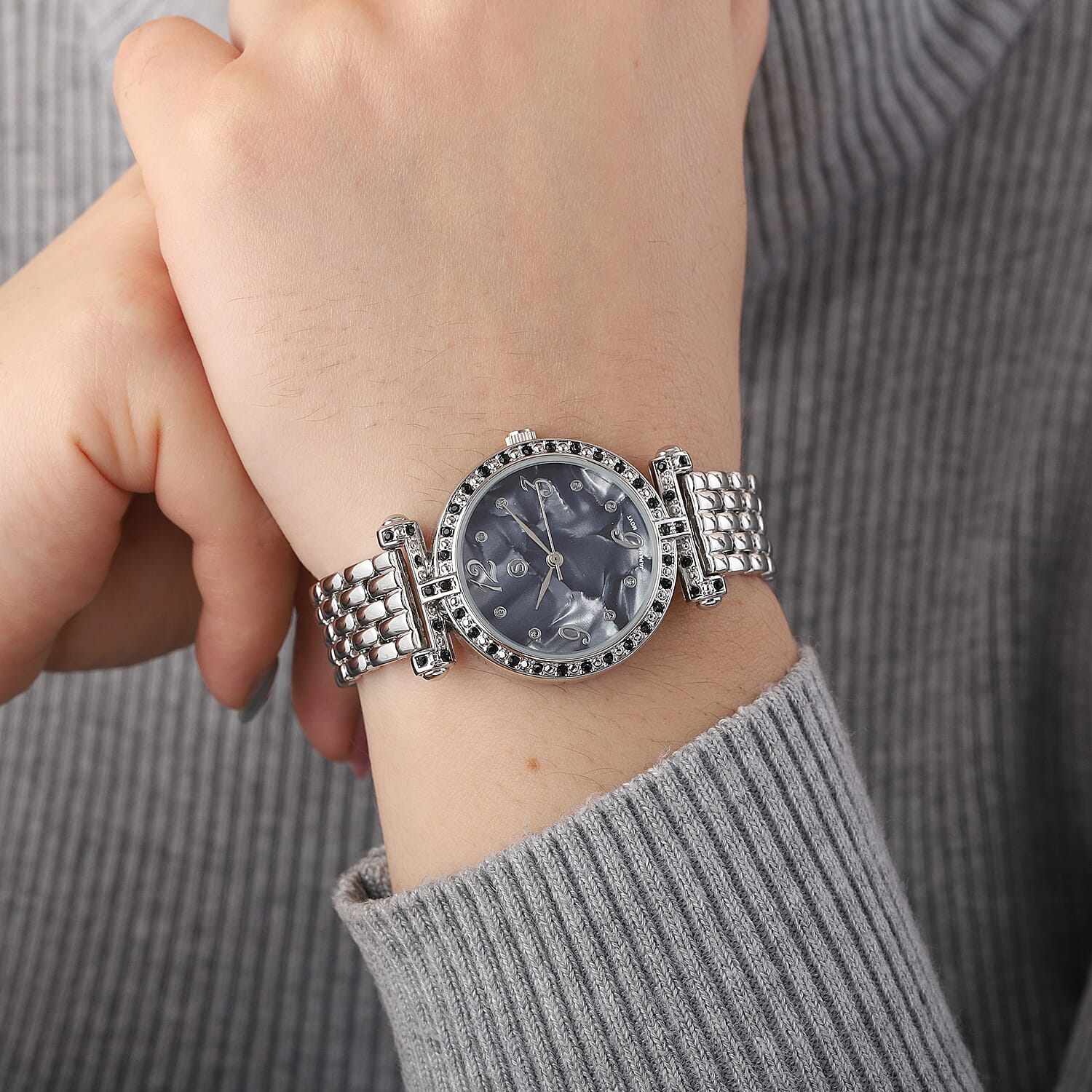 STRADA Japanese Movement Black Austrian Crystal Studded Black Dial Water Resistant Watch with Chain Strap in Silver Tone