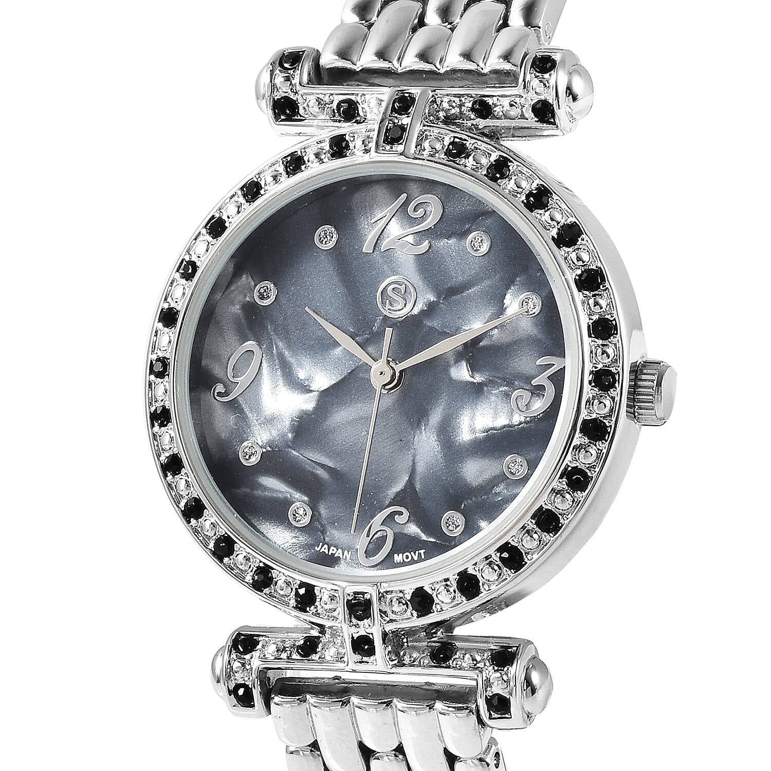 STRADA Japanese Movement Black Austrian Crystal Studded Black Dial Water Resistant Watch with Chain Strap in Silver Tone