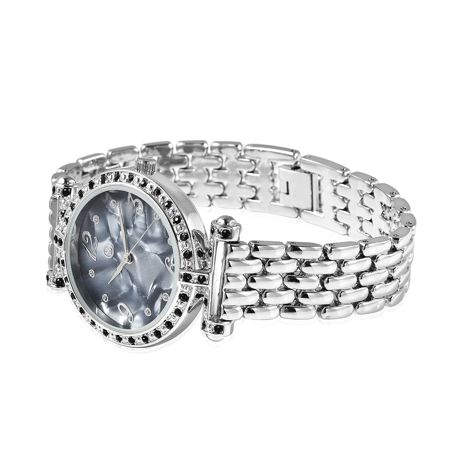 STRADA Japanese Movement Black Austrian Crystal Studded Black Dial Water Resistant Watch with Chain Strap in Silver Tone