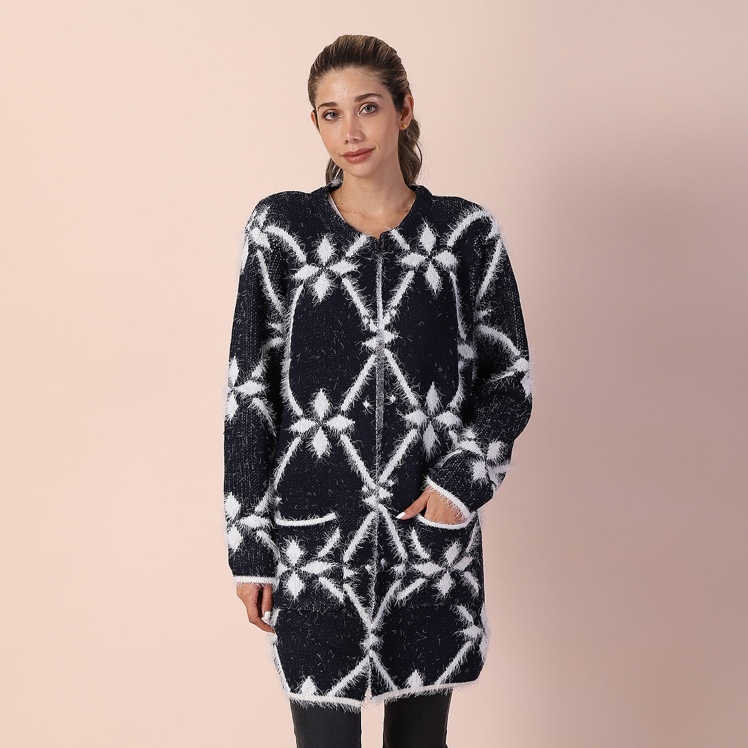 Rhombus Pattern Winter Coatigan with Two Pockets (Size 48in CB 33in - Size 8-20) - Navy