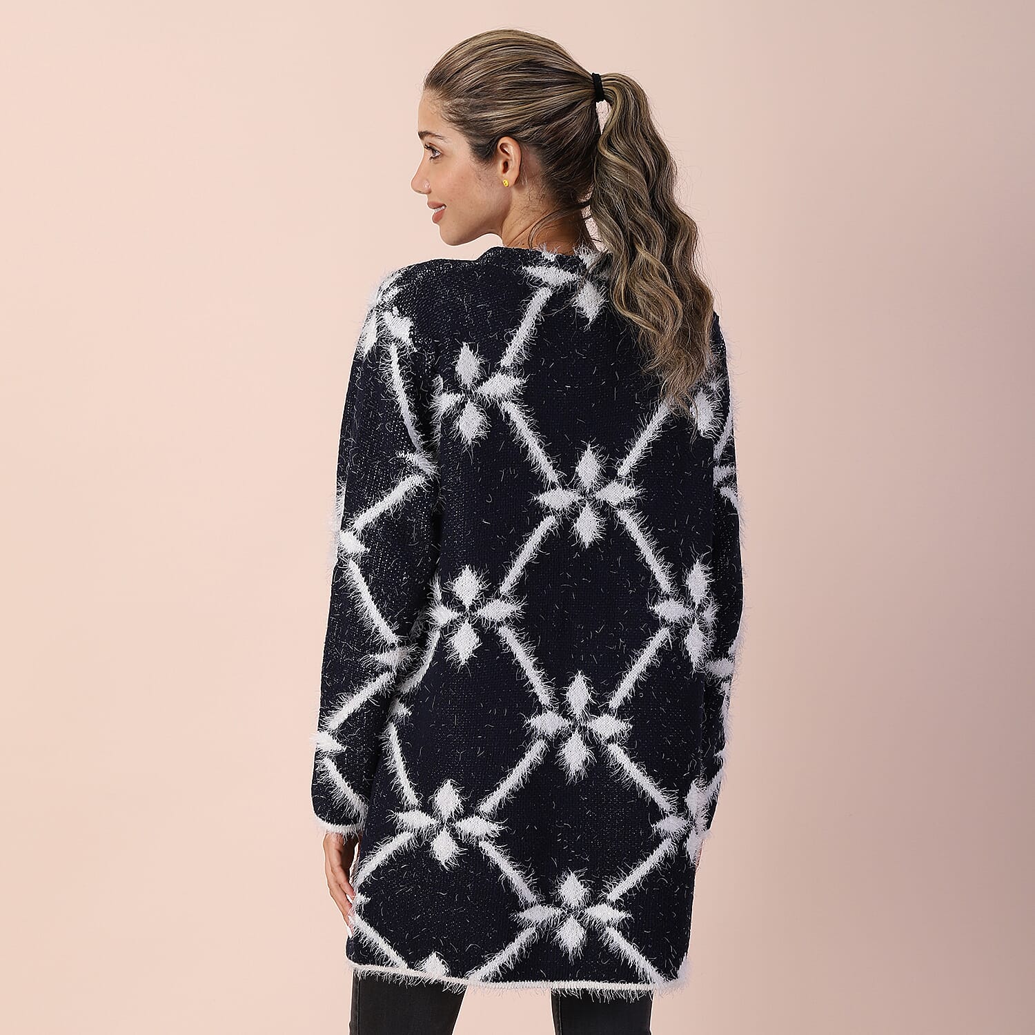 Rhombus Pattern Winter Coatigan with Two Pockets (Size 48in CB 33in - Size 8-20) - Navy