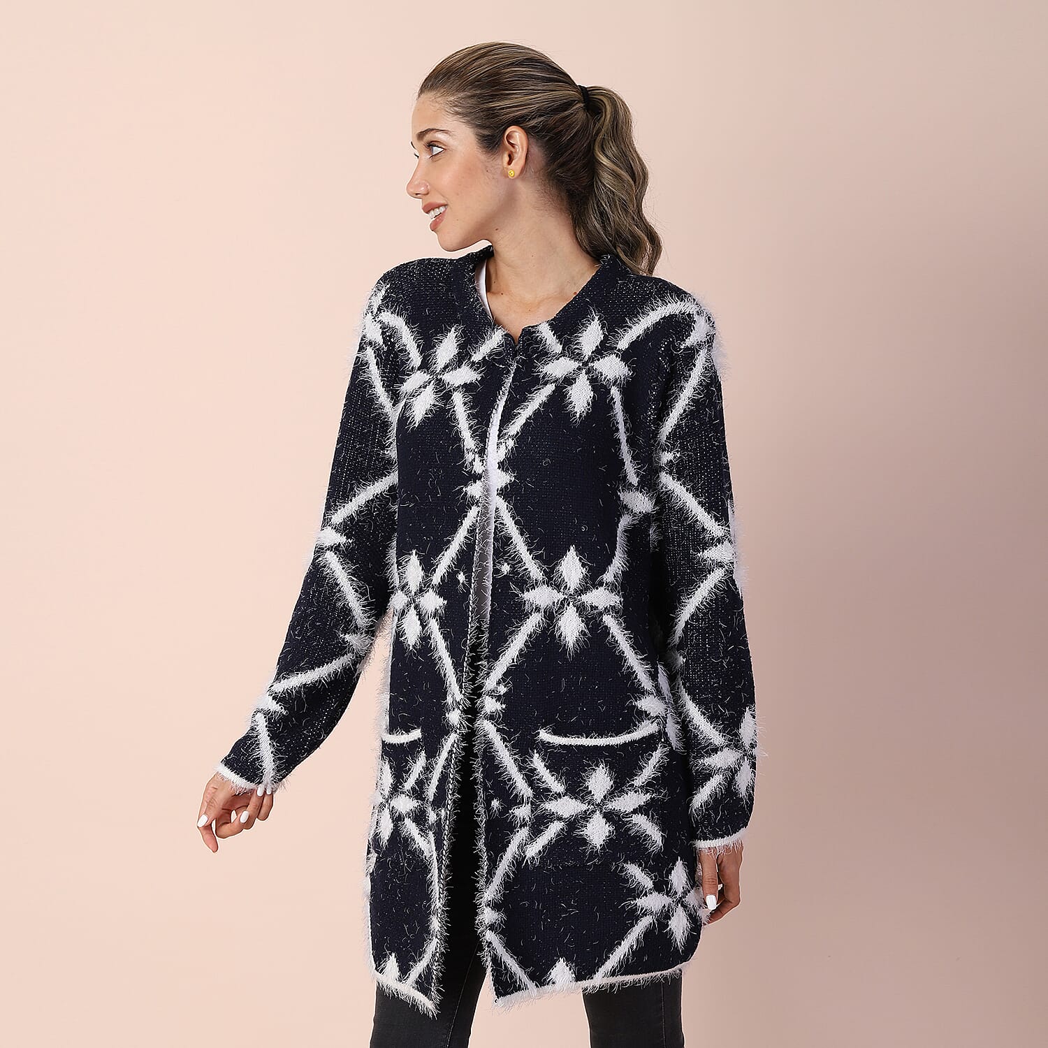 Rhombus Pattern Winter Coatigan with Two Pockets (Size 48in CB 33in - Size 8-20) - Navy