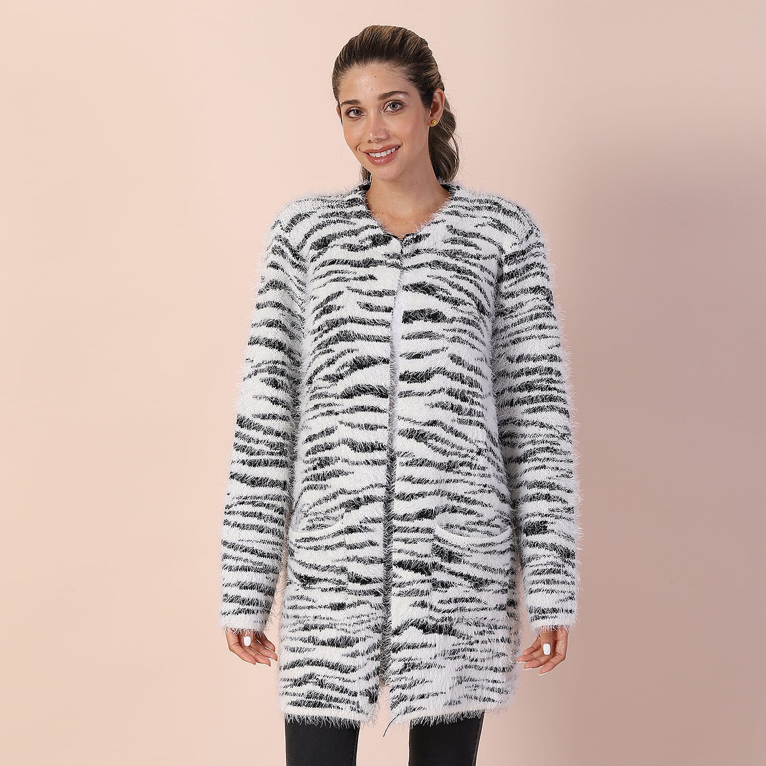 Zebra Pattern Winter Coatigan with Two Pockets  (Size 48in CB 33in - Size 8-20) - White and Black