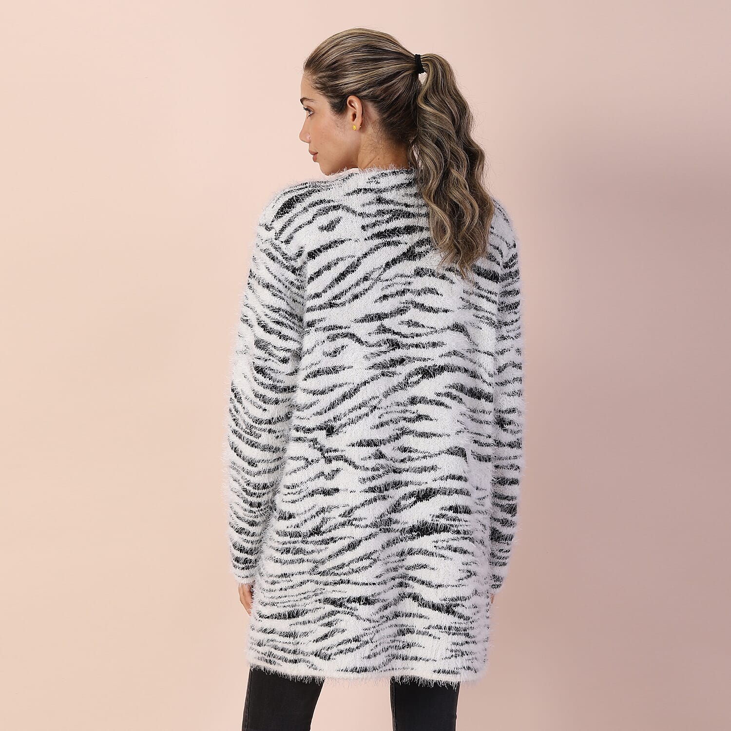 Zebra Pattern Winter Coatigan with Two Pockets  (Size 48in CB 33in - Size 8-20) - White and Black