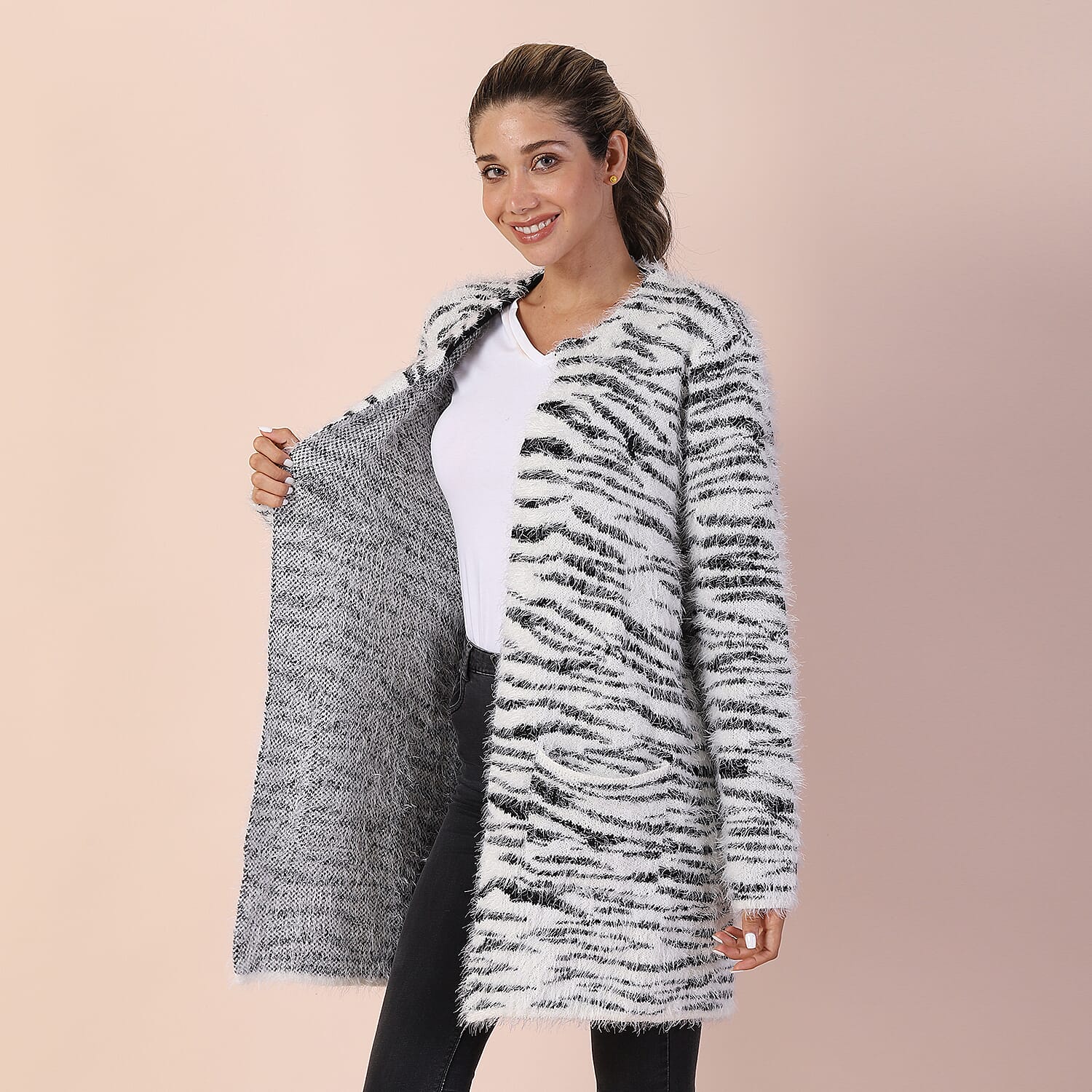 Zebra Pattern Winter Coatigan with Two Pockets  (Size 48in CB 33in - Size 8-20) - White and Black