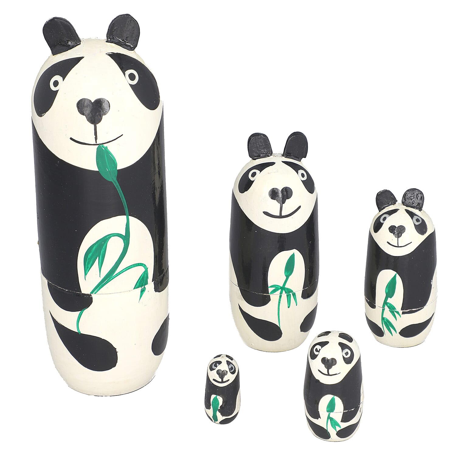 Set of 5 - Traditional Hand Printed Panda Wooden Nesting and Stacking Dolls- Off White & Black