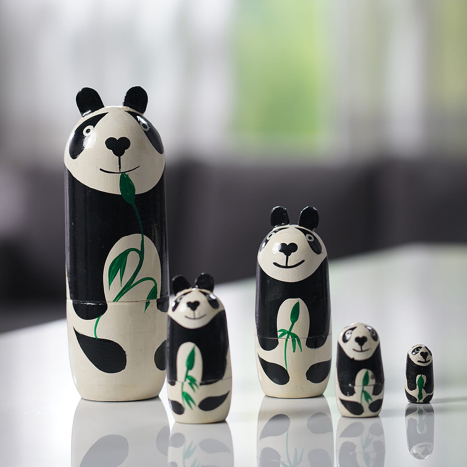 Set of 5 - Traditional Hand Printed Panda Wooden Nesting and Stacking Dolls- Off White & Black
