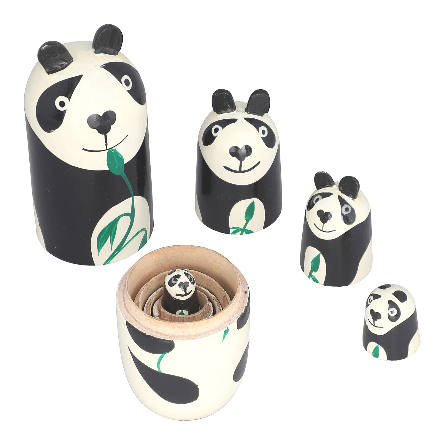 Set of 5 - Traditional Hand Printed Panda Wooden Nesting and Stacking Dolls- Off White & Black