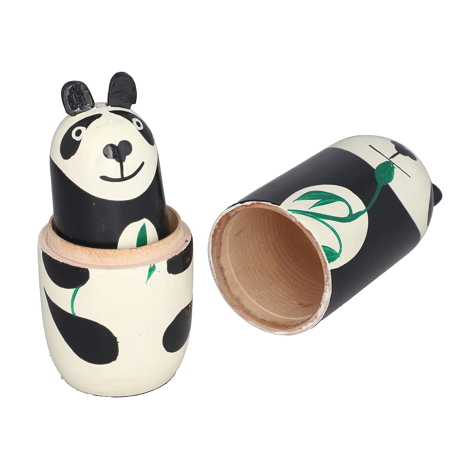 Set of 5 - Traditional Hand Printed Panda Wooden Nesting and Stacking Dolls- Off White & Black