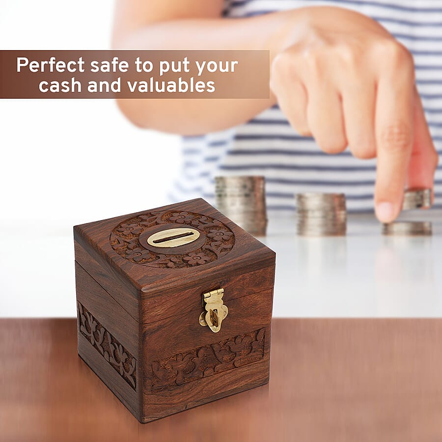 Wooden Handmade Coins Storage Money Bank with Carving Work Piggy Bank for Kids - (Size 10 Cm)
