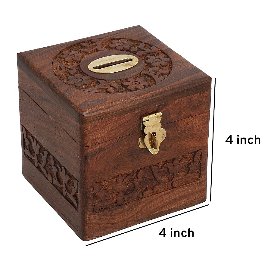 Wooden Handmade Coins Storage Money Bank with Carving Work Piggy Bank for Kids - (Size 10 Cm)