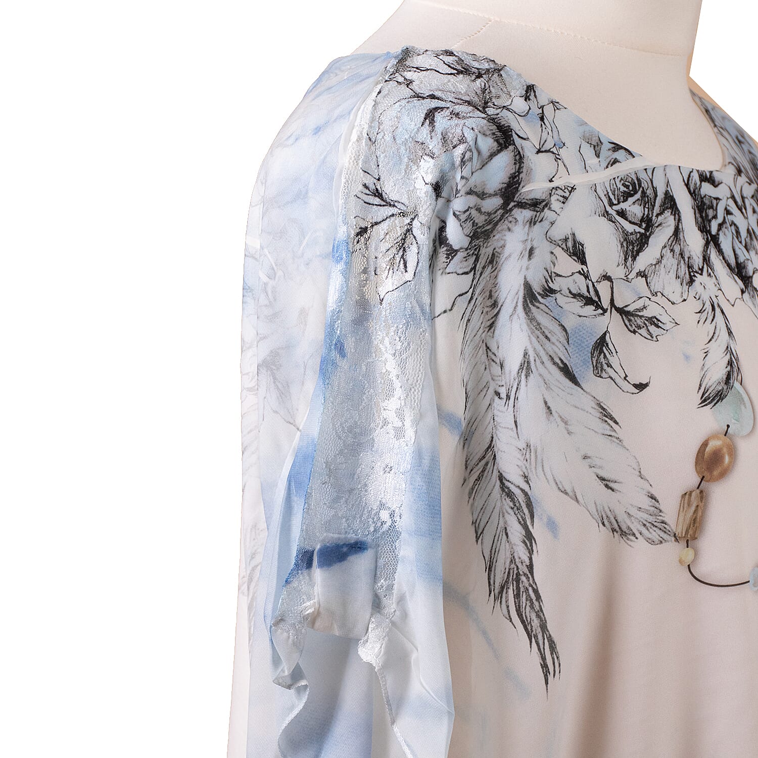 Urban Mist White and Blue Top with Feather Print (Inside Layer - 100% Cotton & Outside Layer - 100% Viscose, Size Up to 18)