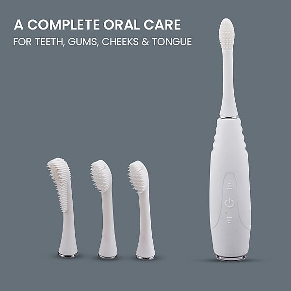 Silicone Sonic Toothbrush with USB Charging Cable with 3 Interchangeable Heads (Size 20x3x3Cm) - White