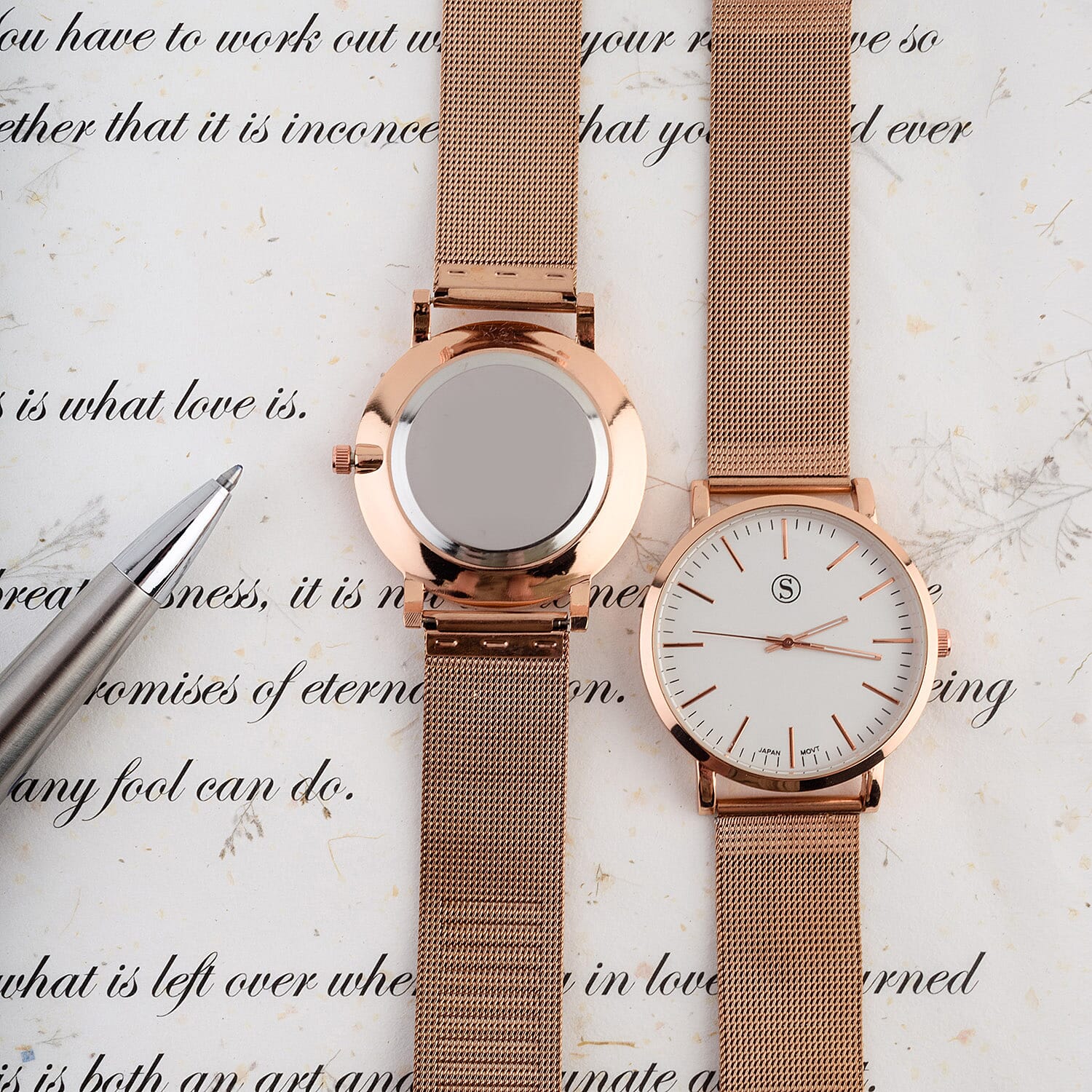 STRADA Japanese Movement Water Resistant Watch with Stainless Steel Back and Mesh Style Strap in Rose Gold Tone