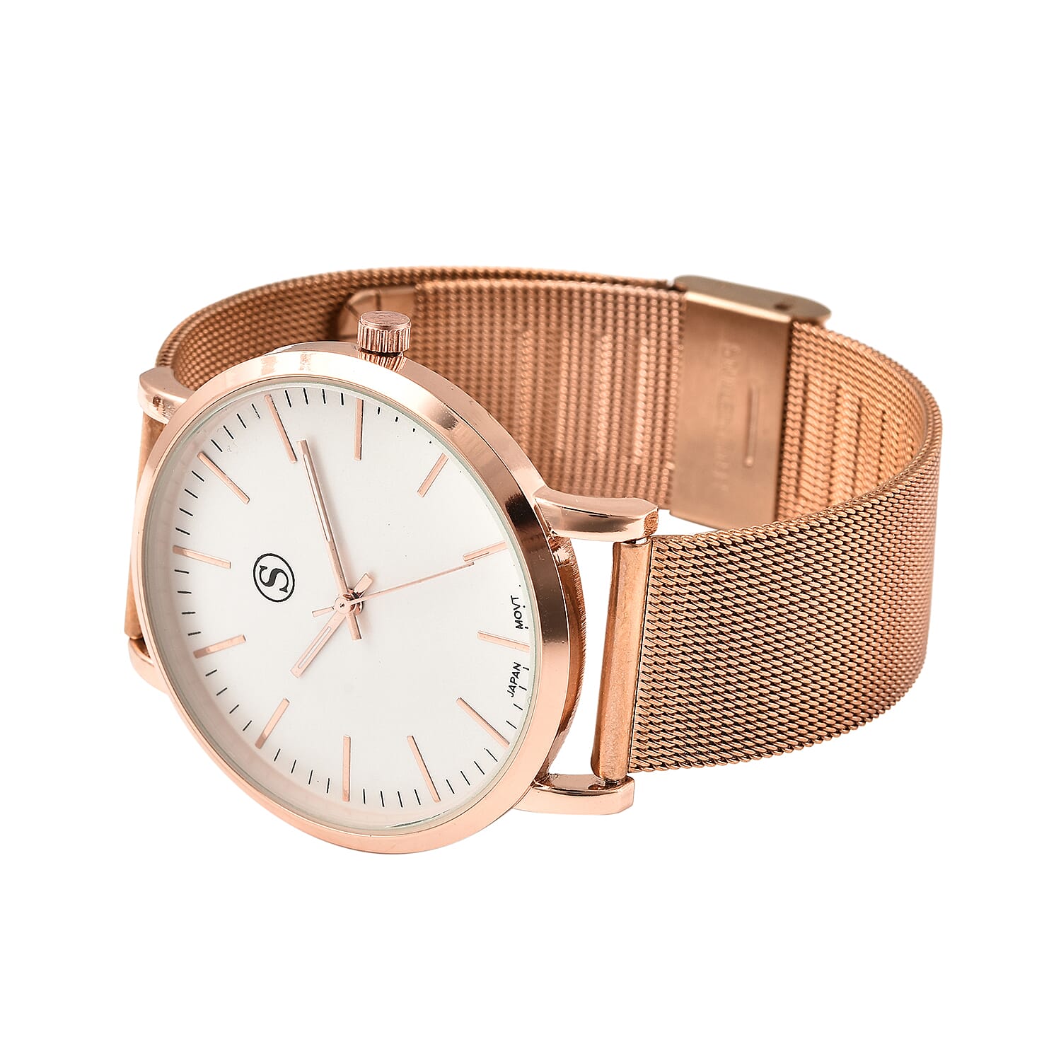 STRADA Japanese Movement Water Resistant Watch with Stainless Steel Back and Mesh Style Strap in Rose Gold Tone