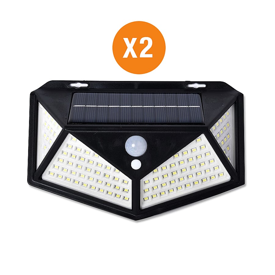 2 Piece Set- 114 LED Solar Powered PIR Motion Sensor Waterproof Outdoor Wall Light (Size 18.5x12.5x6cm) - Black