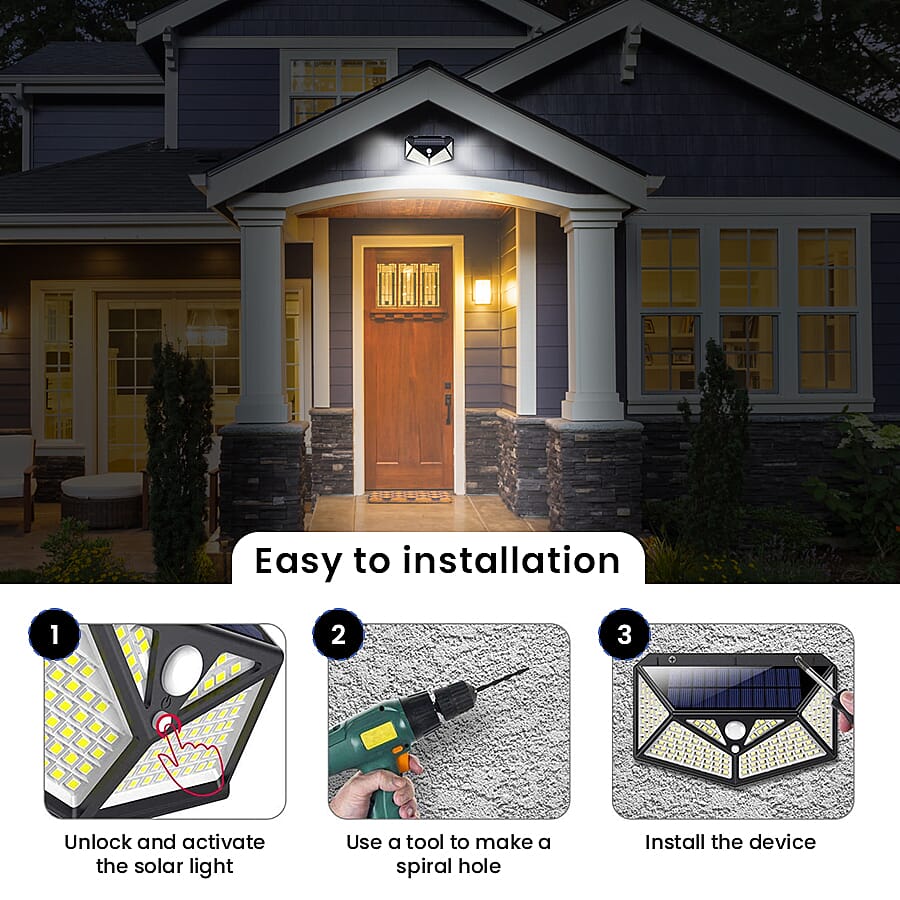 2 Piece Set- 114 LED Solar Powered PIR Motion Sensor Waterproof Outdoor Wall Light (Size 18.5x12.5x6cm) - Black