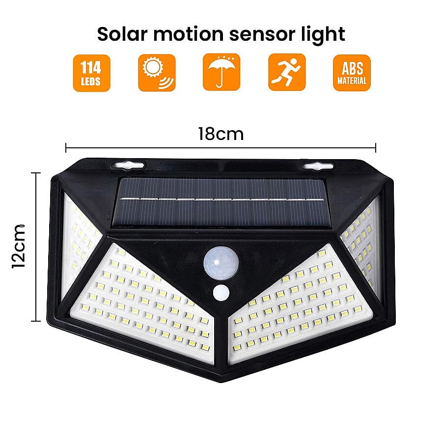 2 Piece Set- 114 LED Solar Powered PIR Motion Sensor Waterproof Outdoor Wall Light (Size 18.5x12.5x6cm) - Black