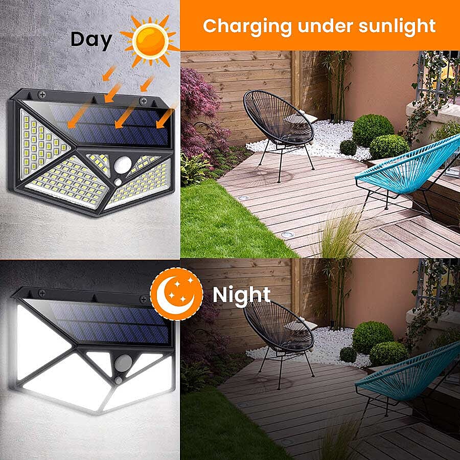 2 Piece Set- 114 LED Solar Powered PIR Motion Sensor Waterproof Outdoor Wall Light (Size 18.5x12.5x6cm) - Black