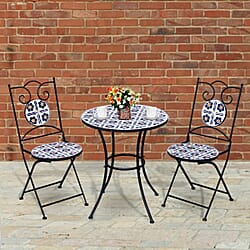 3 Piece Set - Floral Pattern Mosaic Desk (Size:60x60x70Cm) and 2 Chairs (Size:39x44x90Cm) - White and Multi