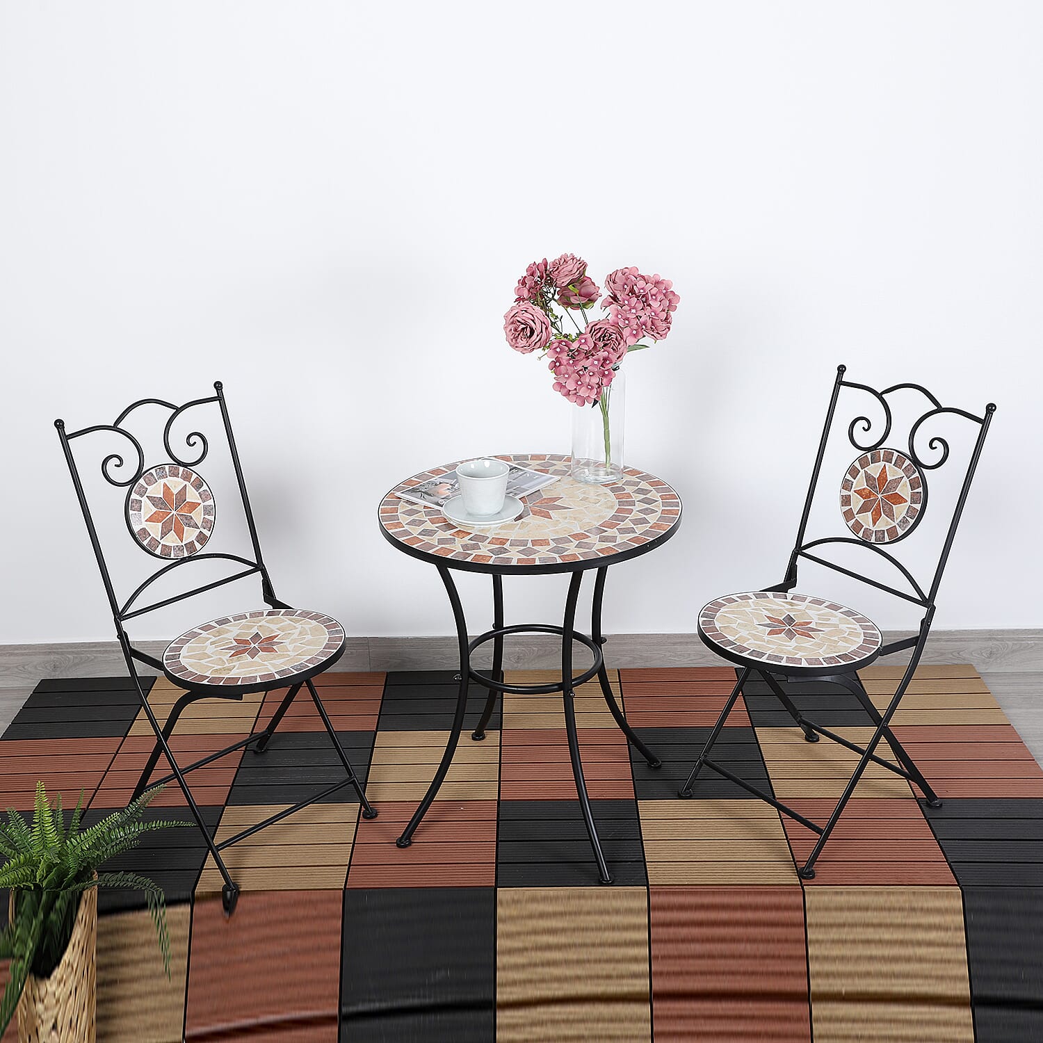 3 Piece Set - Square Pattern Mosaic Bistro Set Table (Size:60x60x70Cm) and 2 Chairs (Size:39x44x90Cm) - Khaki