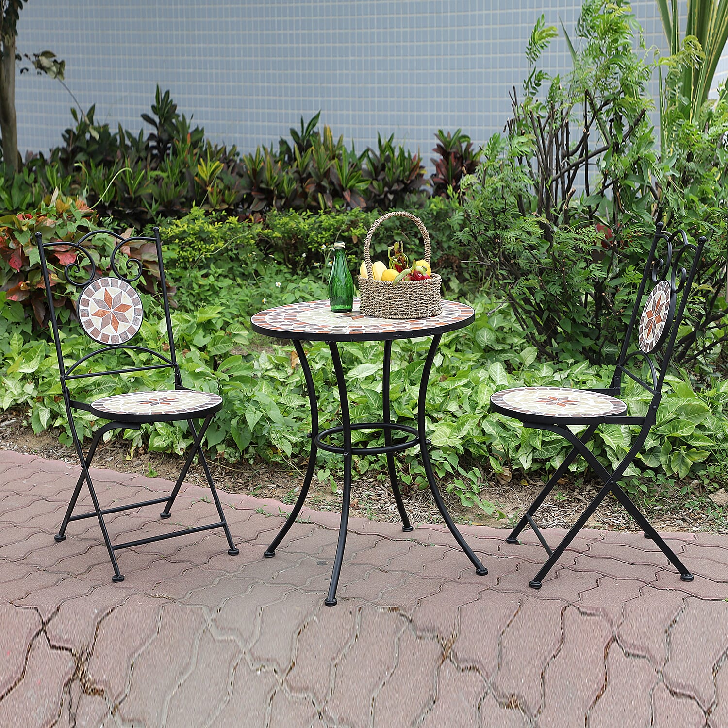 3 Piece Set - Square Pattern Mosaic Bistro Set Table (Size:60x60x70Cm) and 2 Chairs (Size:39x44x90Cm) - Khaki