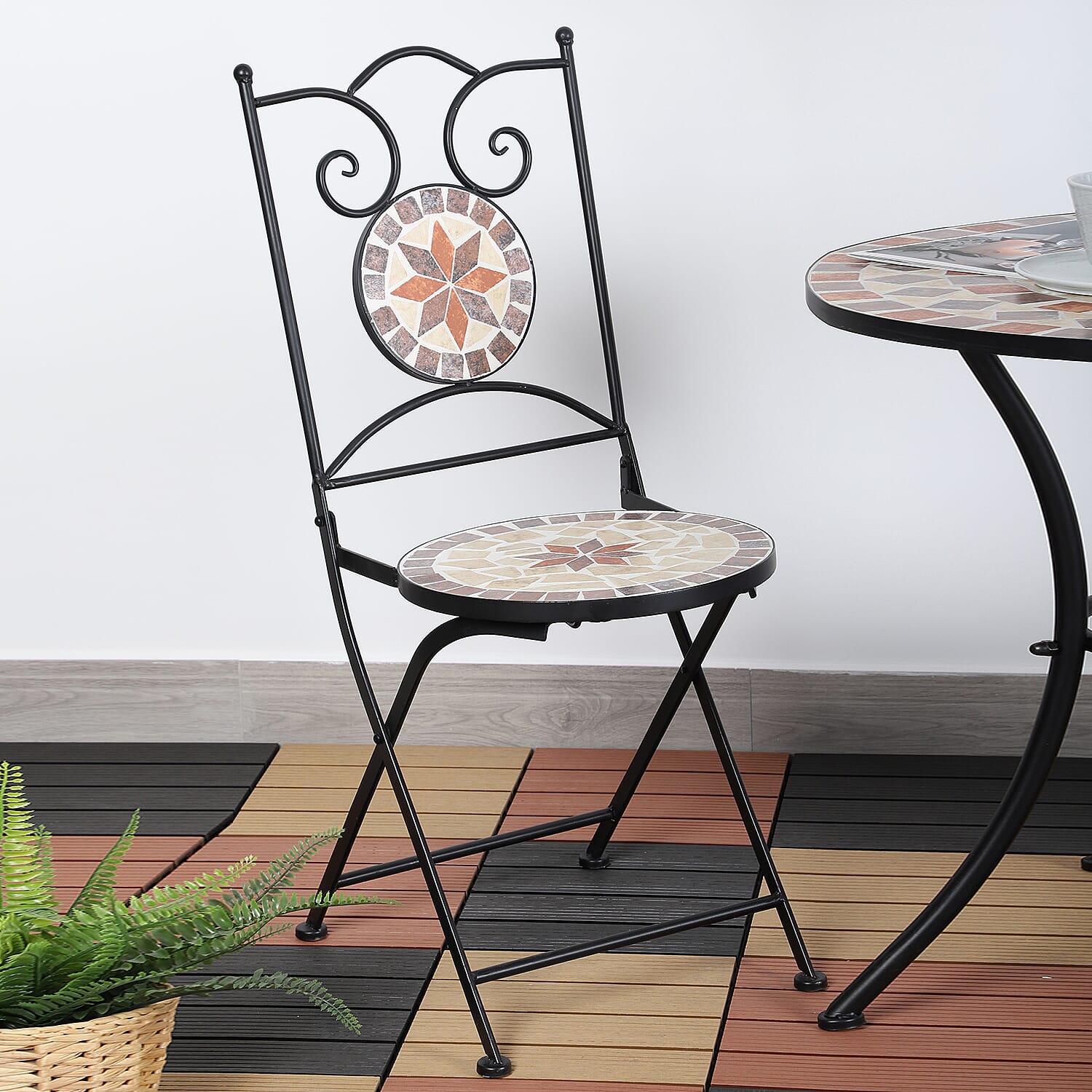 3 Piece Set - Square Pattern Mosaic Bistro Set Table (Size:60x60x70Cm) and 2 Chairs (Size:39x44x90Cm) - Khaki