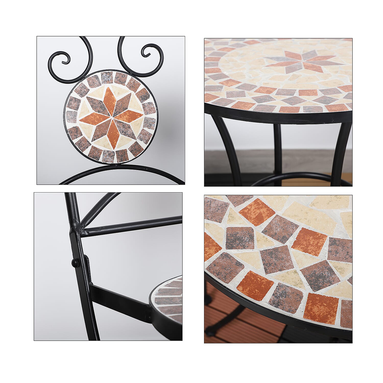 3 Piece Set - Square Pattern Mosaic Bistro Set Table (Size:60x60x70Cm) and 2 Chairs (Size:39x44x90Cm) - Khaki