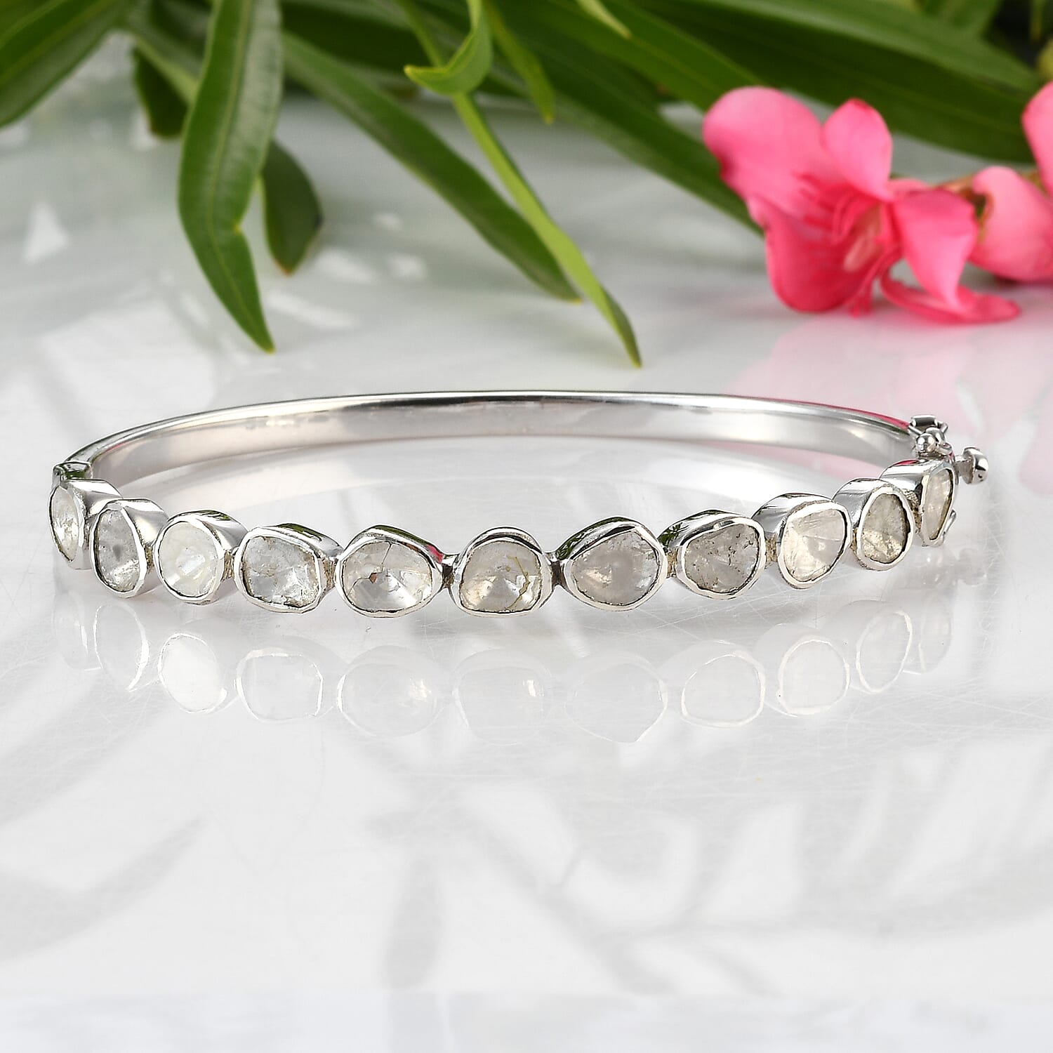 Artisan Crafted Polki Diamond Bangle (Size 7) in Sterling Silver 3.00 Ct, Silver wt 19.00 Gms