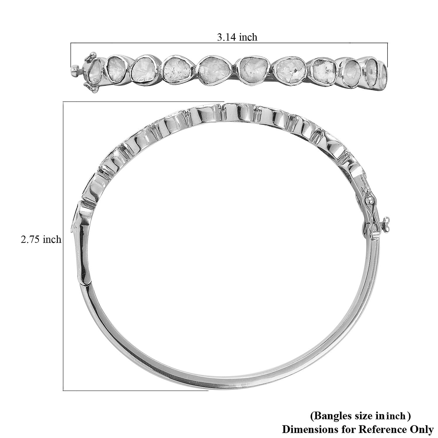 Artisan Crafted Polki Diamond Bangle (Size 7) in Sterling Silver 3.00 Ct, Silver wt 19.00 Gms