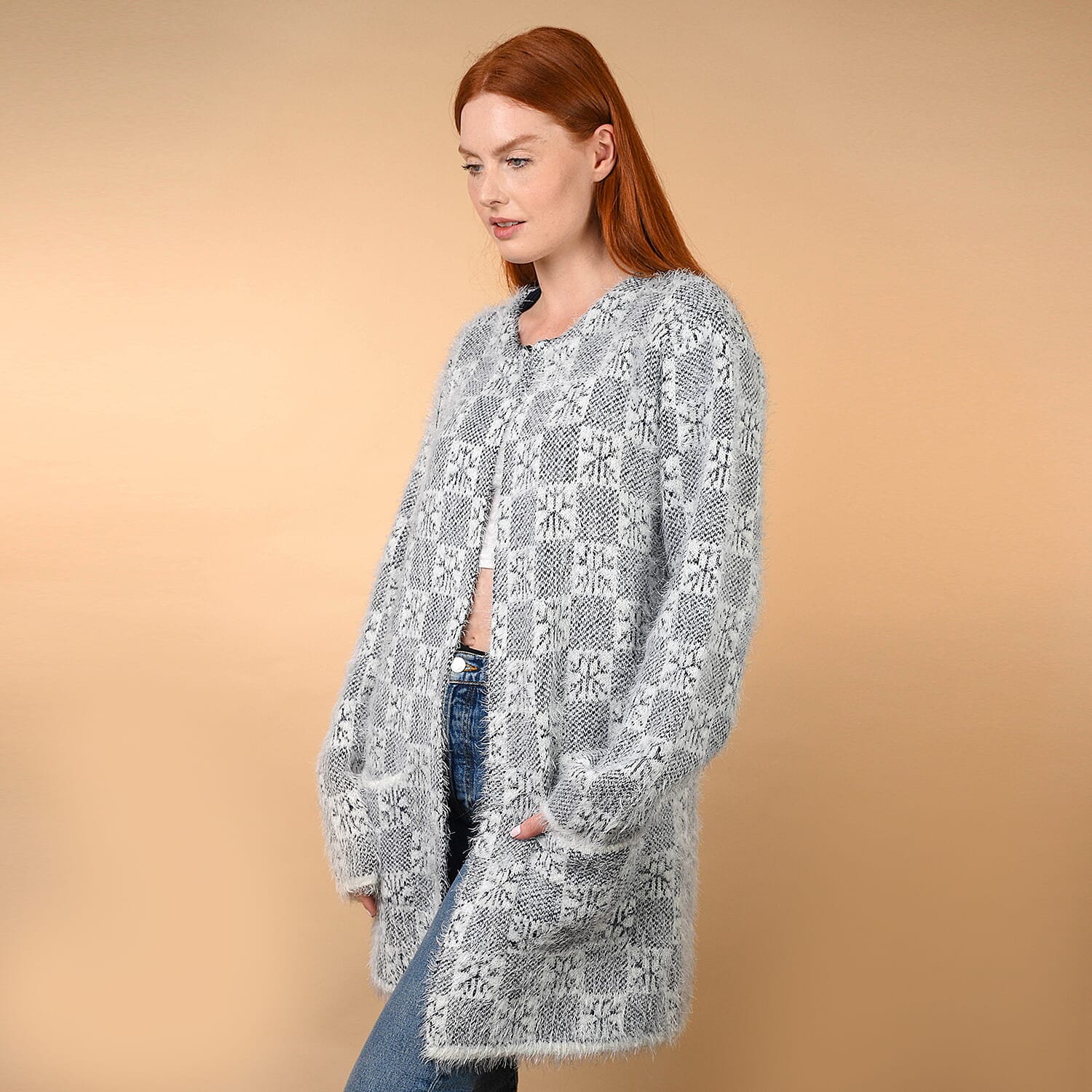 JOVIE Rhombic Pattern Winter Coatigan with Two Pockets  (Size 55x82Cm) - Navy & White