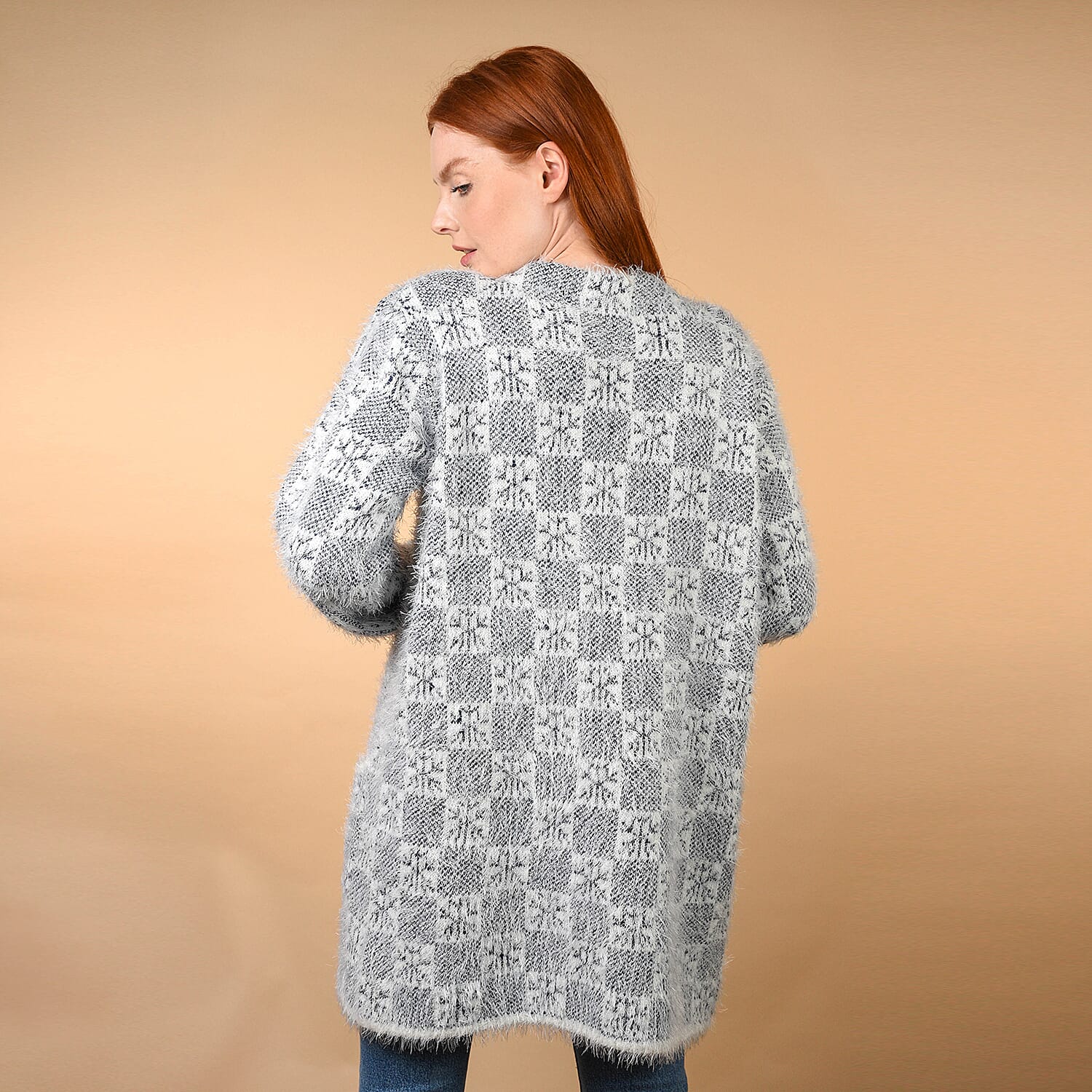 JOVIE Rhombic Pattern Winter Coatigan with Two Pockets  (Size 55x82Cm) - Navy & White