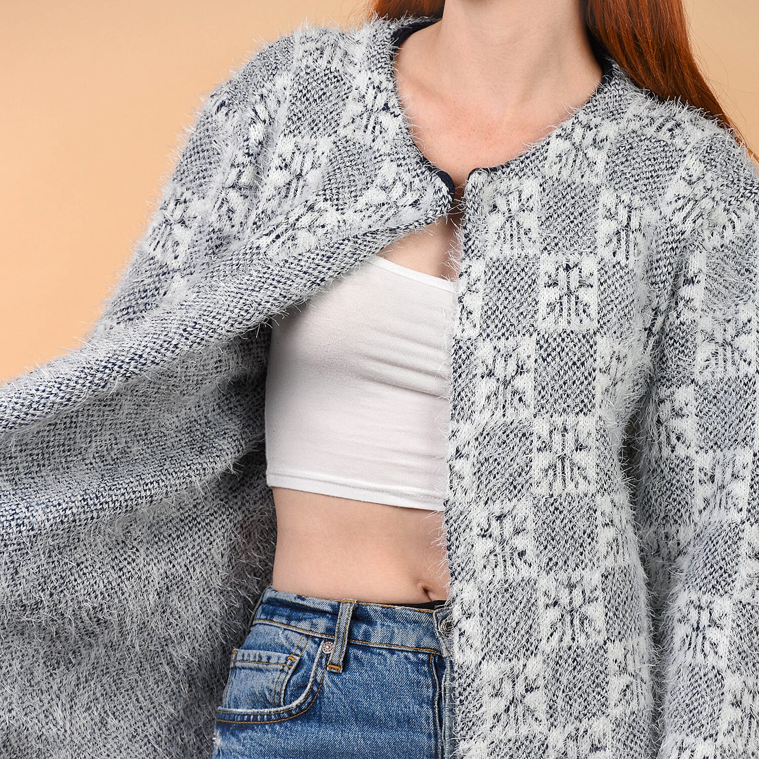 JOVIE Rhombic Pattern Winter Coatigan with Two Pockets  (Size 55x82Cm) - Navy & White