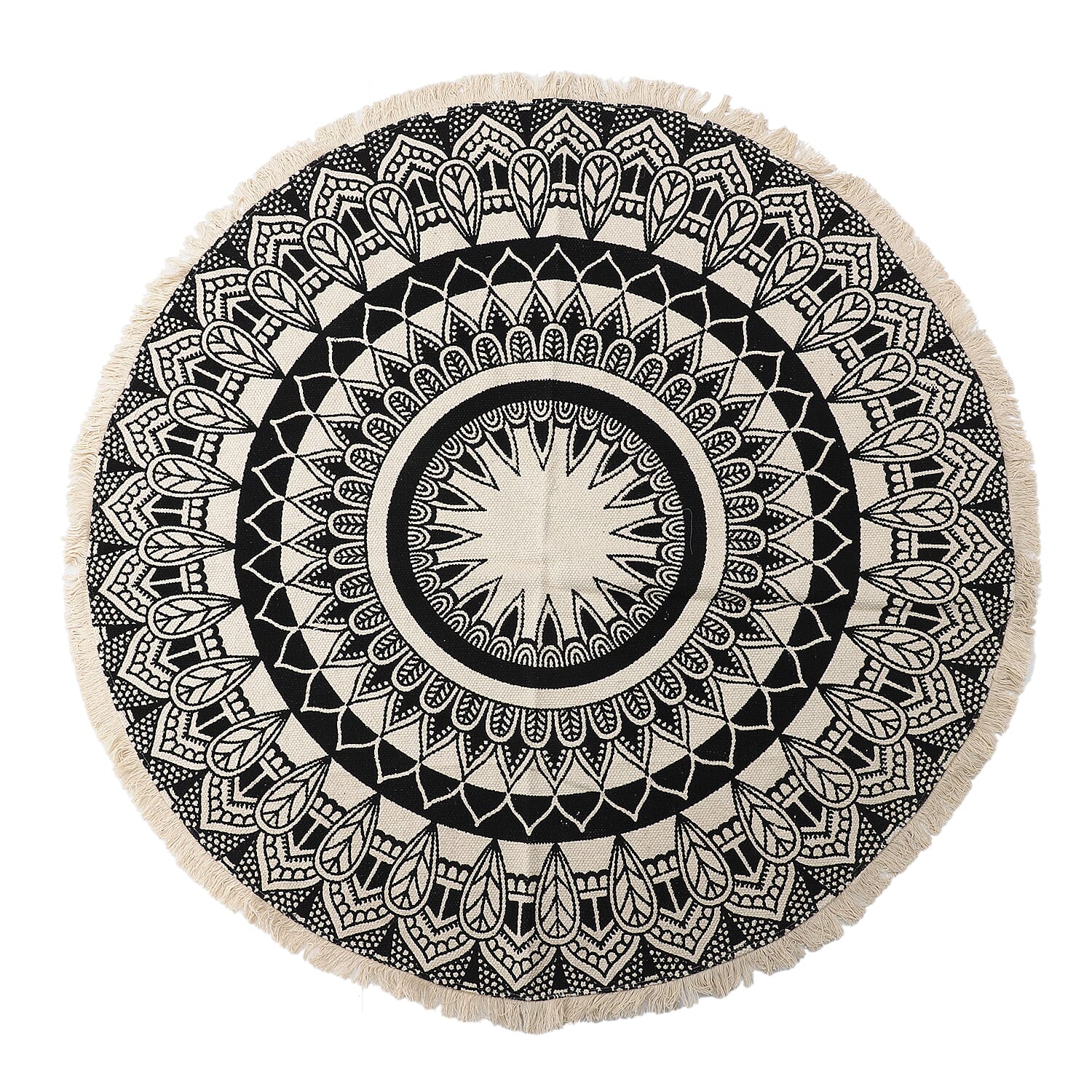 100% Cotton Mandala Round Cotton Rug with Laces or Fringes (Size 115x120 Cm) - Beige & Black