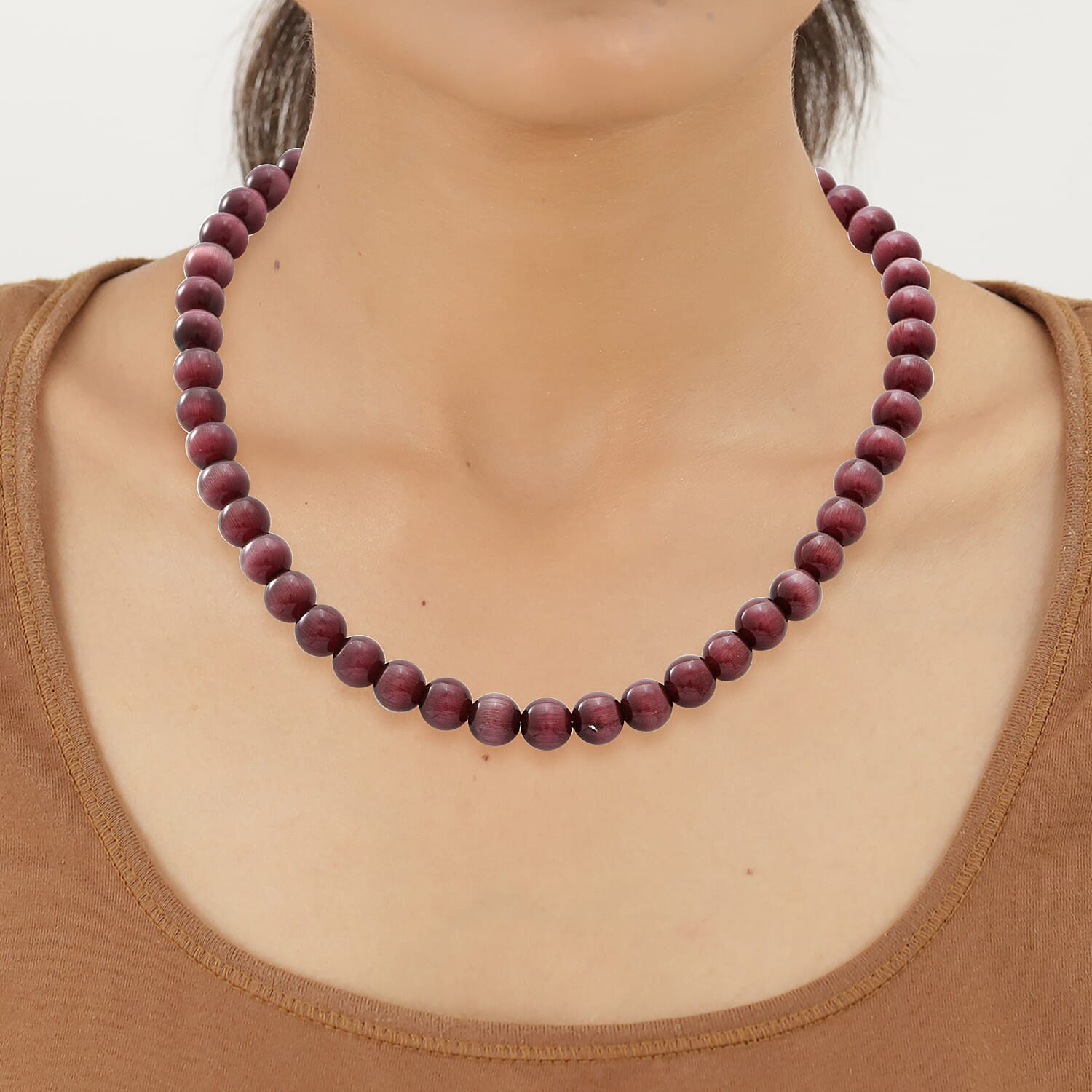 Purple Cats Eye Beads Necklace (Size 18) in Sterling Silver 296.00 Ct.