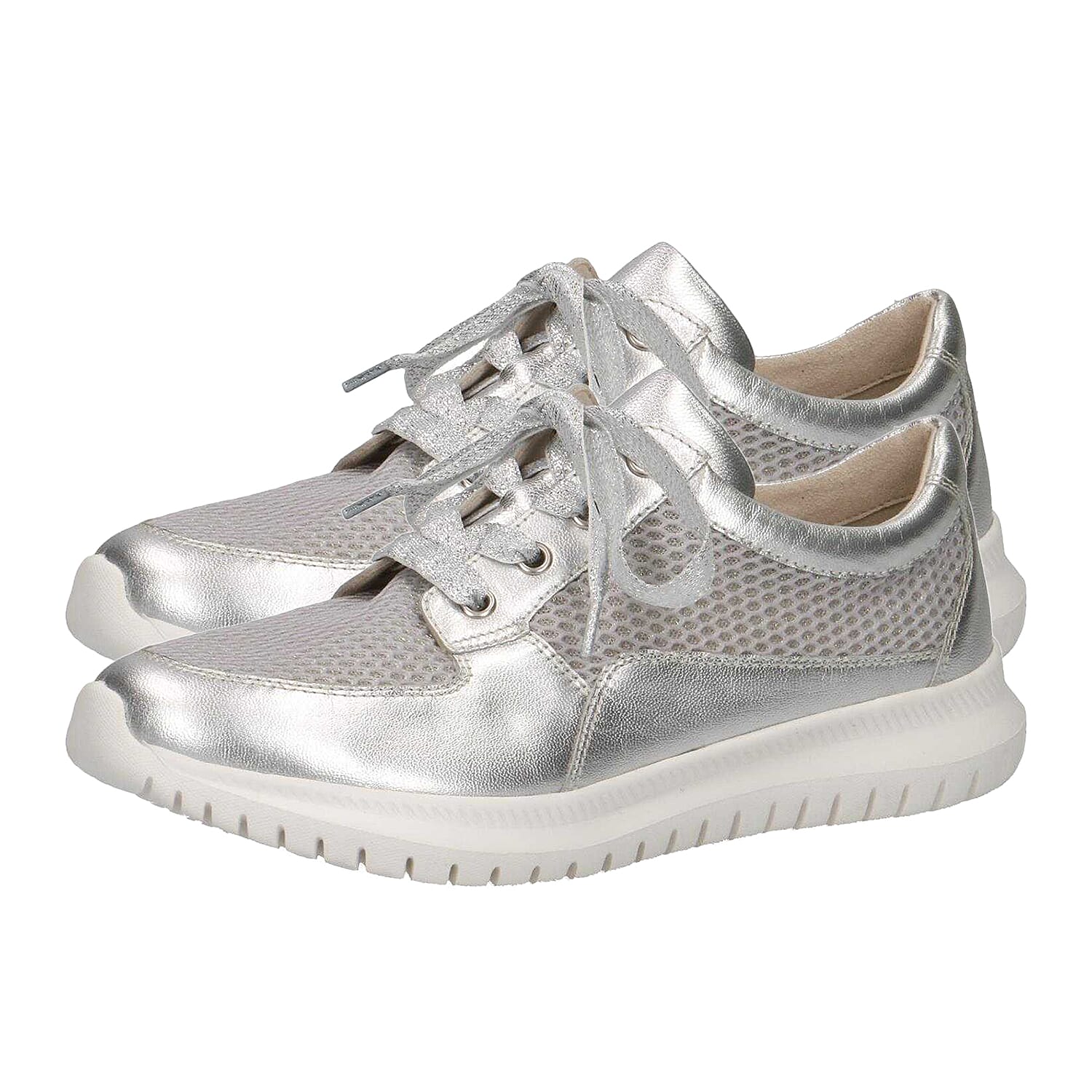 Caprice Metallic Leather Trainer in Silver (Size 3.5)